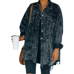 Womens Black Oversized Corduroy Shirt Jacket Casual Button Down Retro